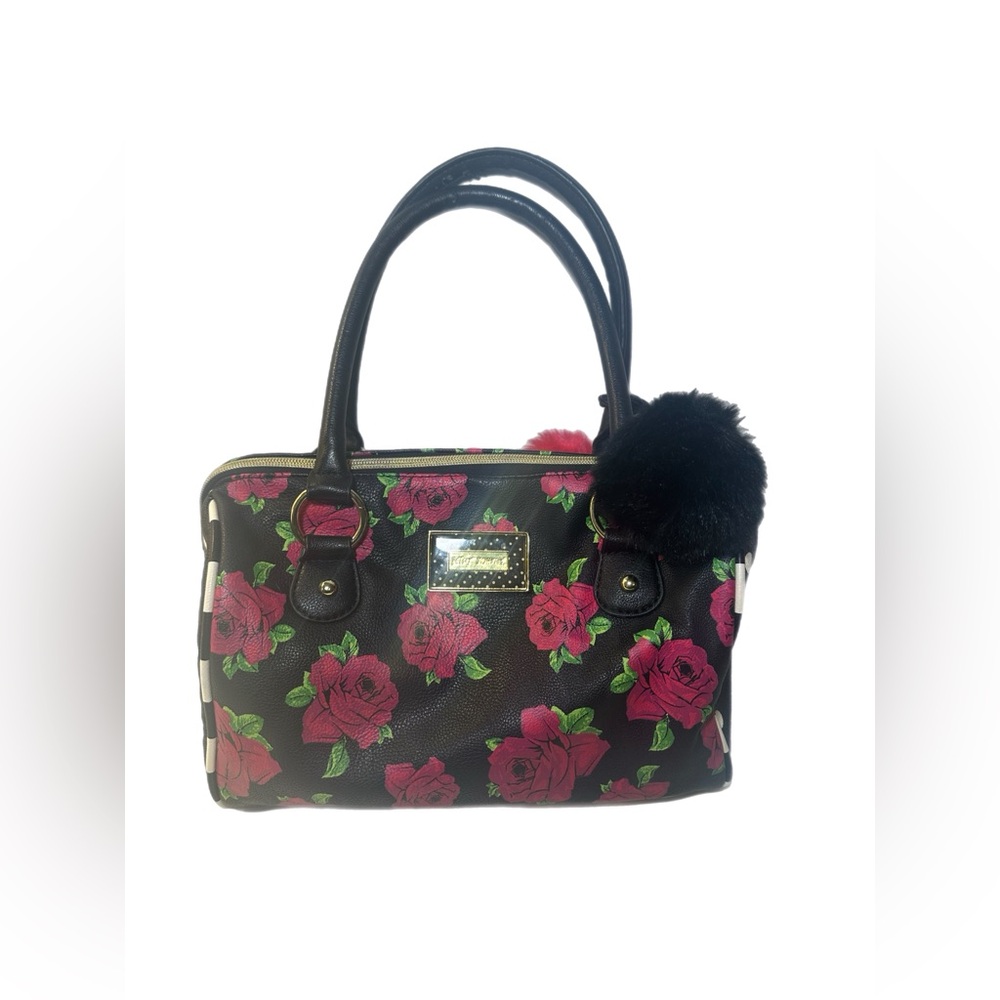 Floral Print Satchel Bag with Pom Pom